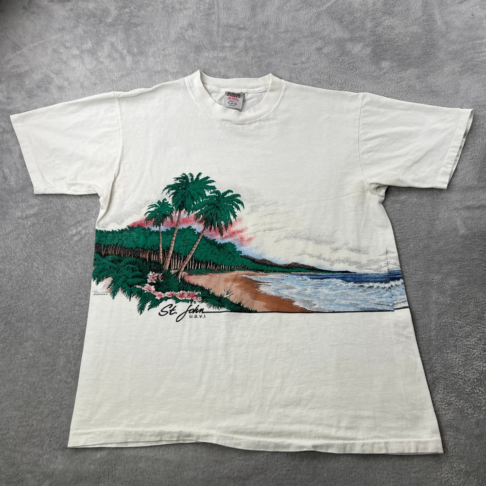 Oneita Vintage 1987 St John USVI Palm Tree T-Shirt XL White Single Stitch 80s